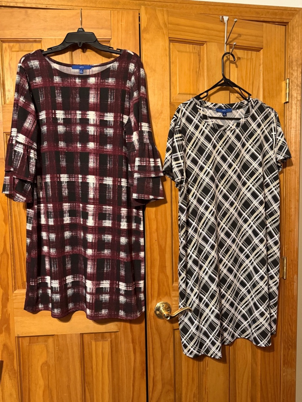 Selling as a pair! Women’s Plaid Shift Dress with Ruffle Sleeves -Burgundy/White